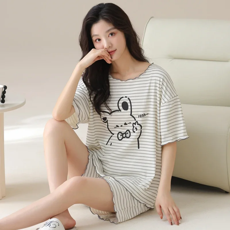 2PCS Sleepwear Female Pajamas Set Ice Silk Home Pyjamas Cartoon Panda Sleep Suit O-Neck Short Sleeves Sleep Top Shorts Nightwear