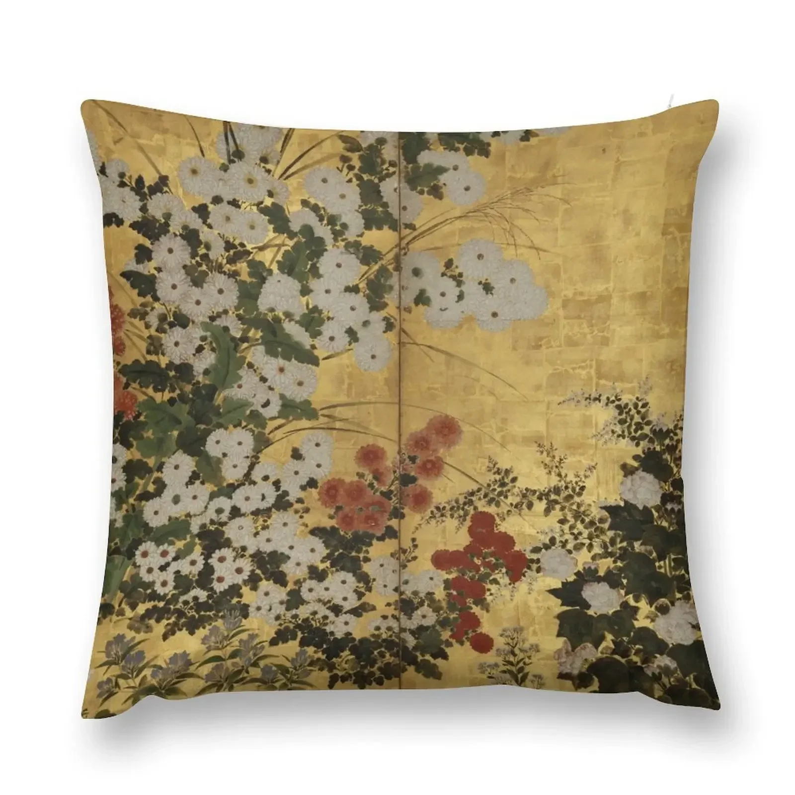 White Red Chrysanthemums Floral Japanese Gold Screen Print Throw Pillow Pillow Covers Decorative Sofa Cushions pillow