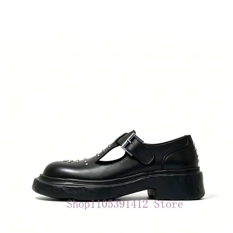 Gothic Punk Rivet T-Strap Genuine Leather Mary Janes Adjustable Buckle Distorted Platform Sole Men Round Toe Leather Shoes