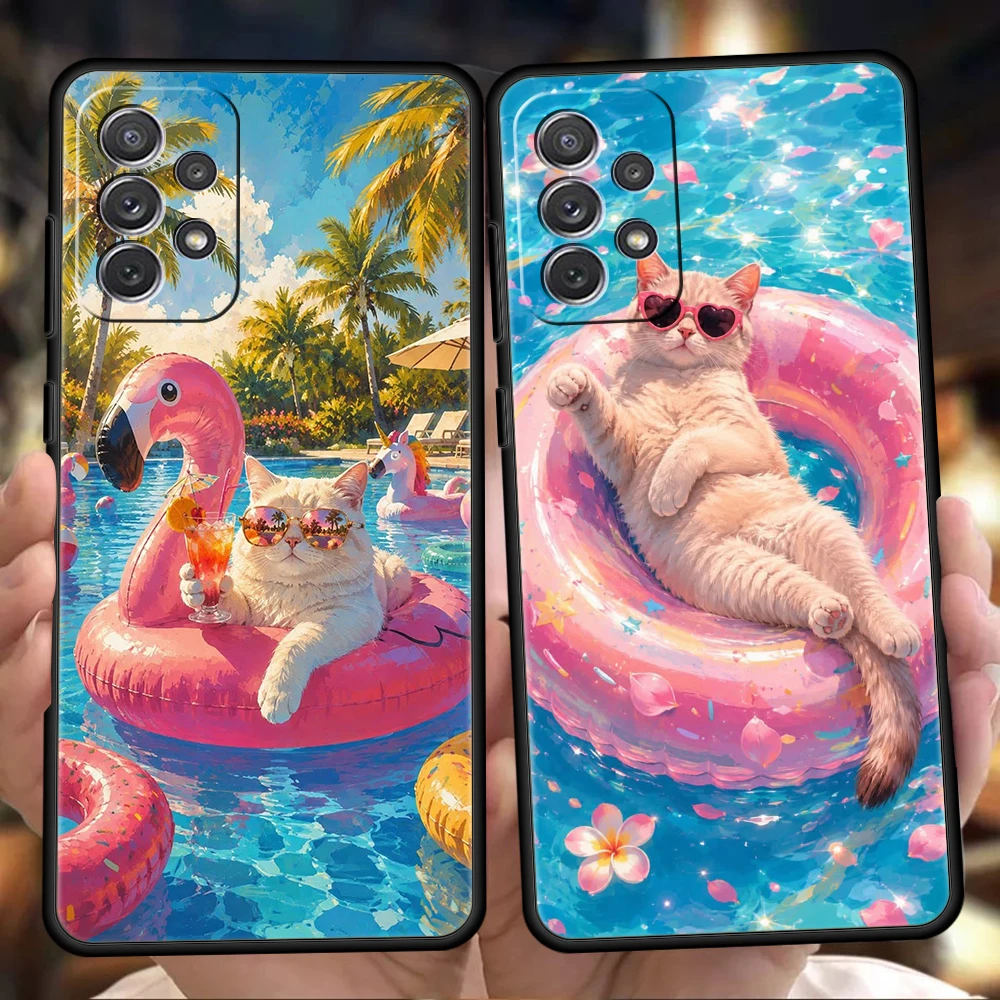 Phone Case for Samsung Galaxy A13 A15 A17 A22 A23 A25 A31 A32 A33 A35 A41 A51 A52 A55 5G Soft TPU Shell Leisurely Cat Present