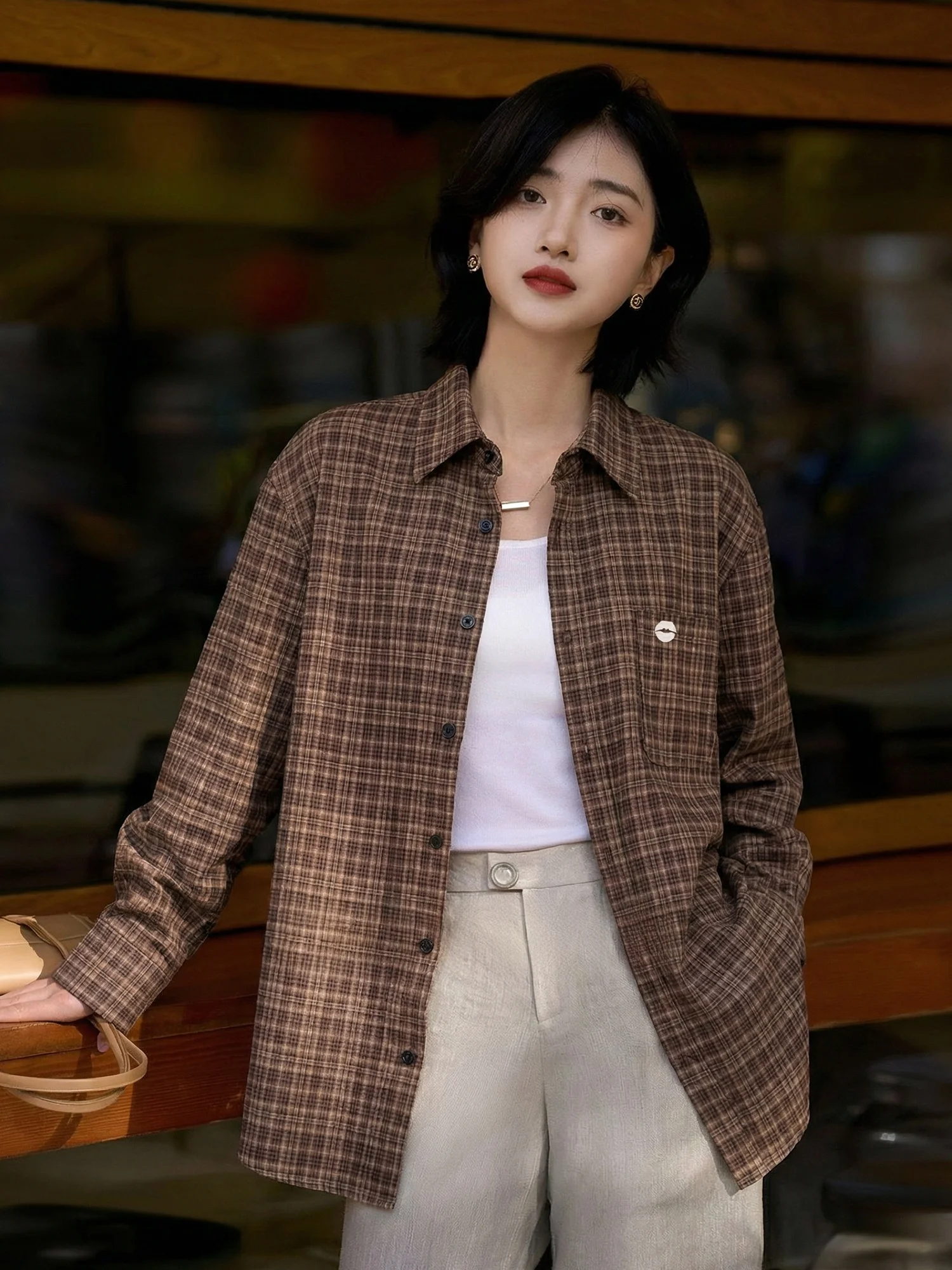 

Retro Plaid Long Sve Women's irt Loose Fit Spring Season Outerwear Slimming Effect Casual Faion Comfortable Breathable