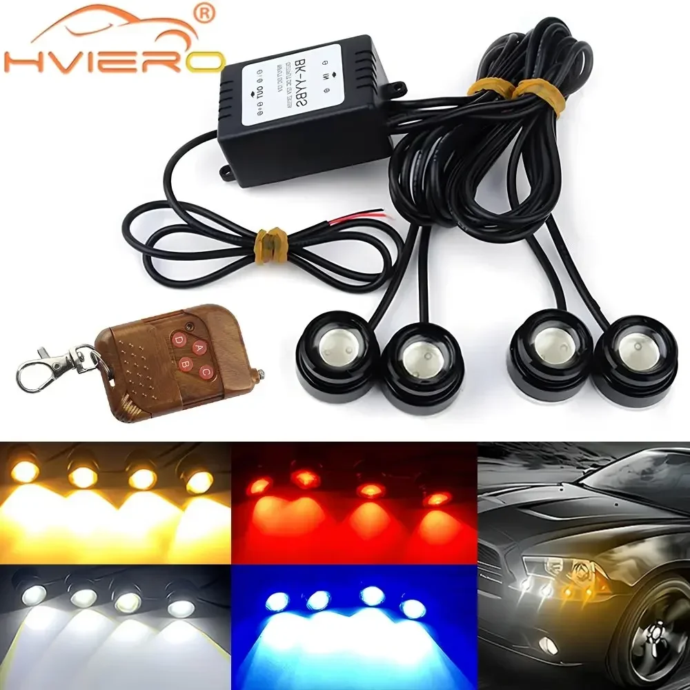 4 in 1 City Light Car LED Network Flash Wireless Remote Control Day Running DRL Eagle Eye One Tow Four 16 Mode Truck Motorcycle