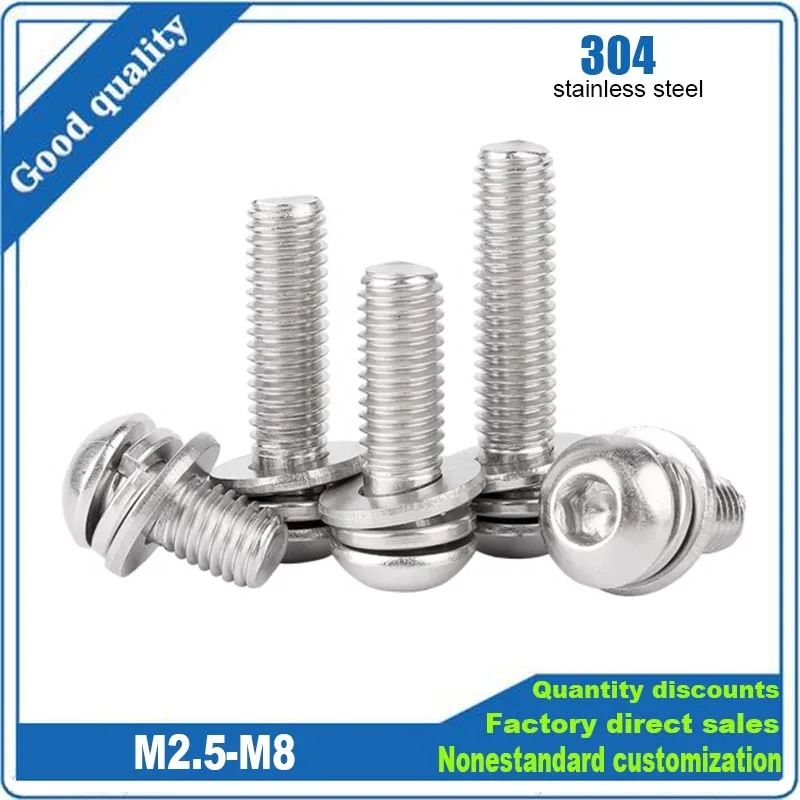 3/50pcs M2.5-M8 304 Stainless Steel Round/ Pan Button Head Hex Socket Three Combination Screw With Flat Spring Washer Fastener‌