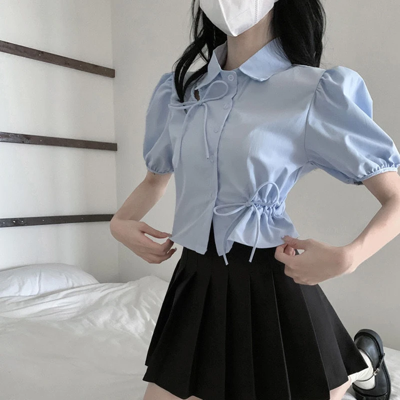 Blue Shirt Women Bowknot Drawstring Lantern Sleeve Turn-Down Collar Blouses Single Breasted Slim Office Lady Sexy Cropped Tops