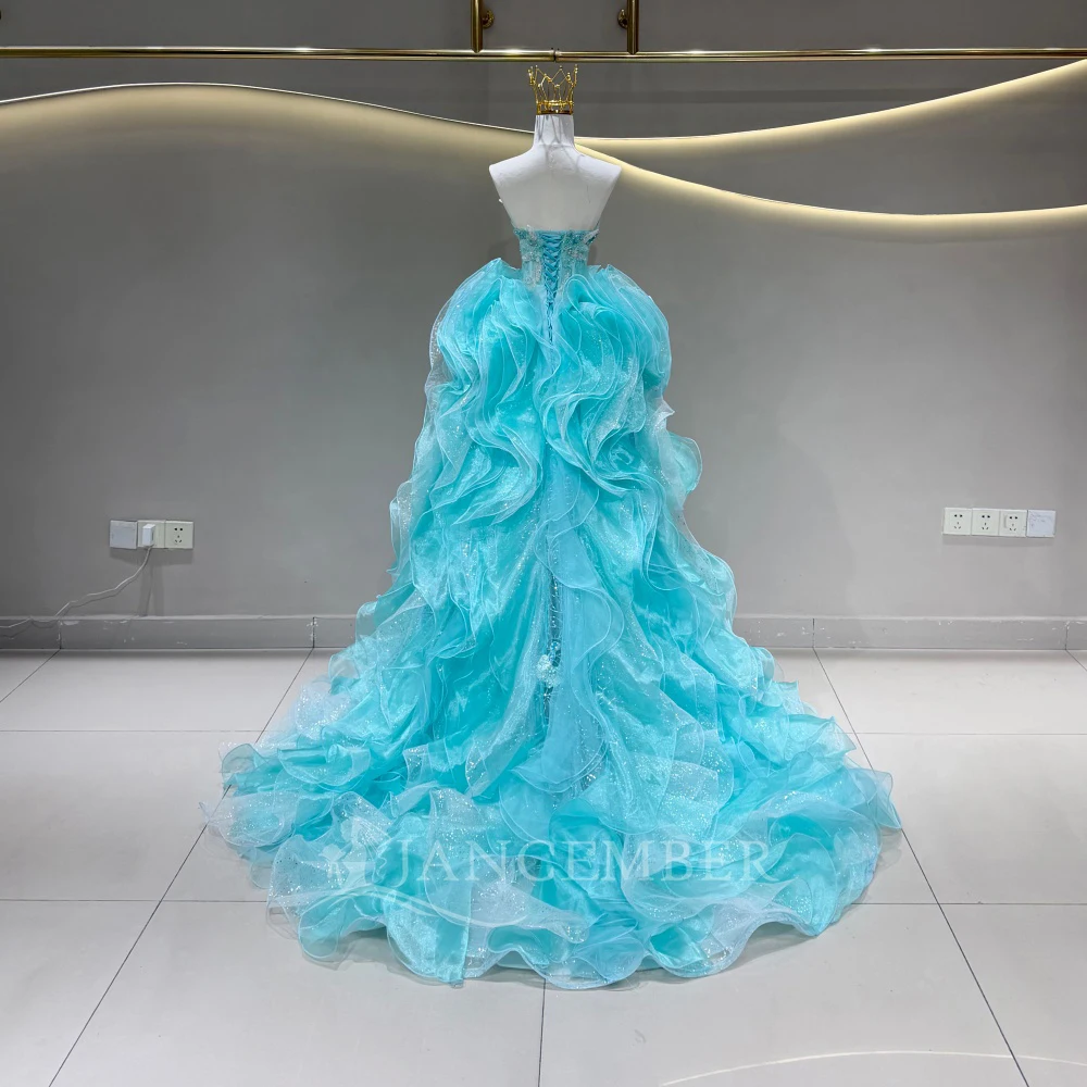 Lavish Quinceanera Dresses Aqua Blue Organza A-line Customized 3D Flowers Appliques Sweep Train vestido de 15 quinceañeras