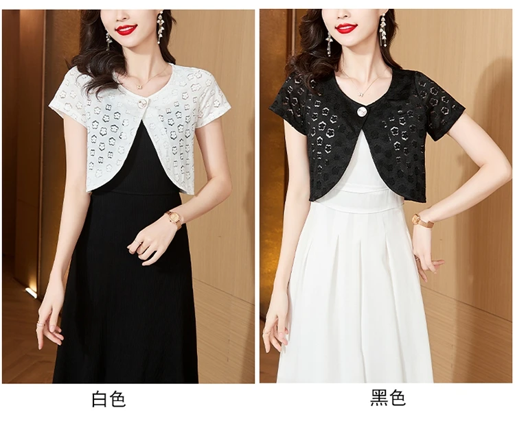 Flower Hollow Out Black White Lace Cropped Jacket Woman Short Sleeve Summer Cover Up Jacket Elegant Cotton Short Bolero Cardigan