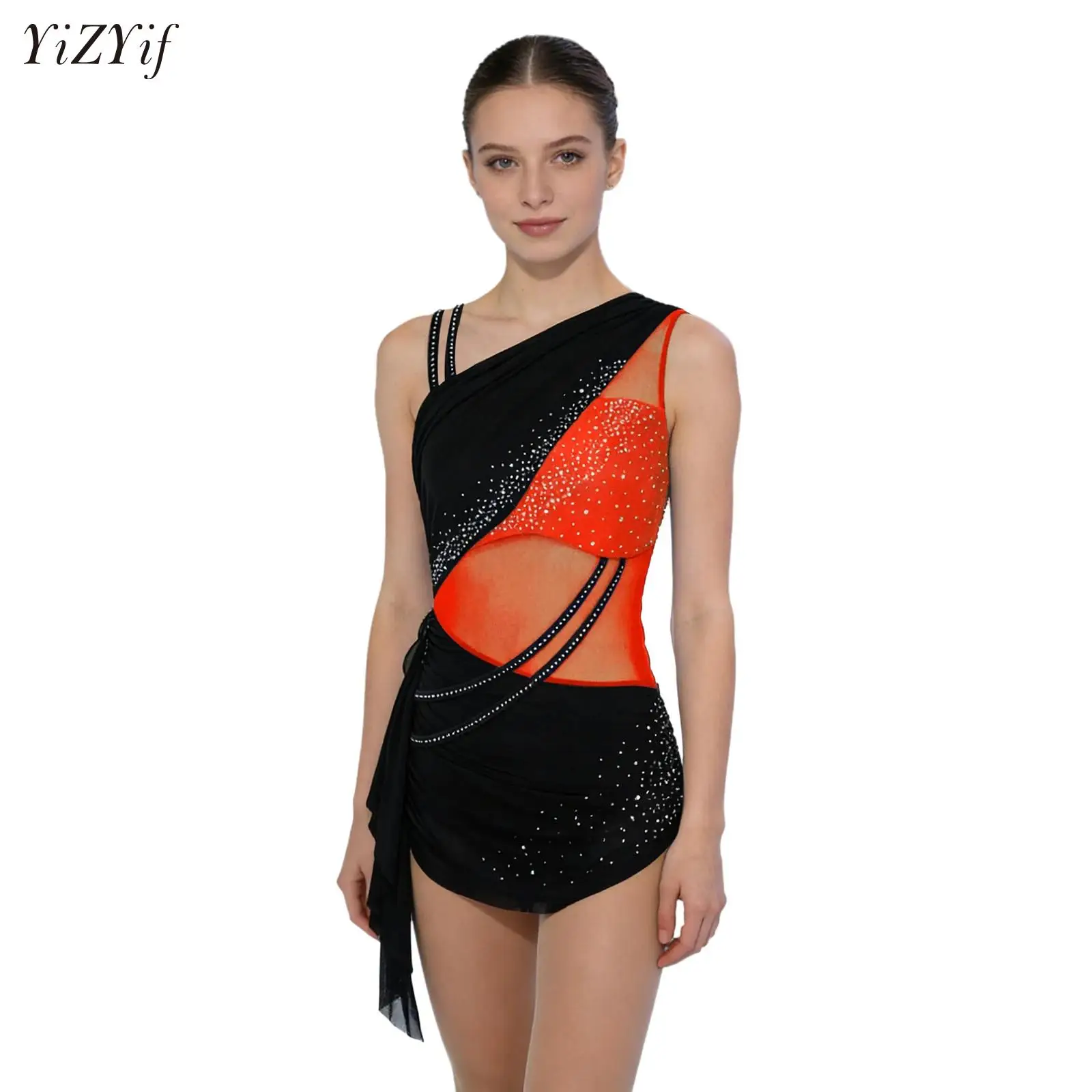 

Color Block Women's Figure Skating Jumpsuit Asymmetrical Shoulders Acrobatics Modern Dance Dress Rhinestone Ruched Skirt