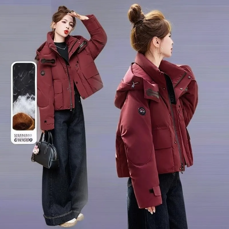 

Gorgeous Winter New Color Matching Sports Style Women's Thick White Down Jacket with Hooded Ankara Red Color Fashion Warm Coat