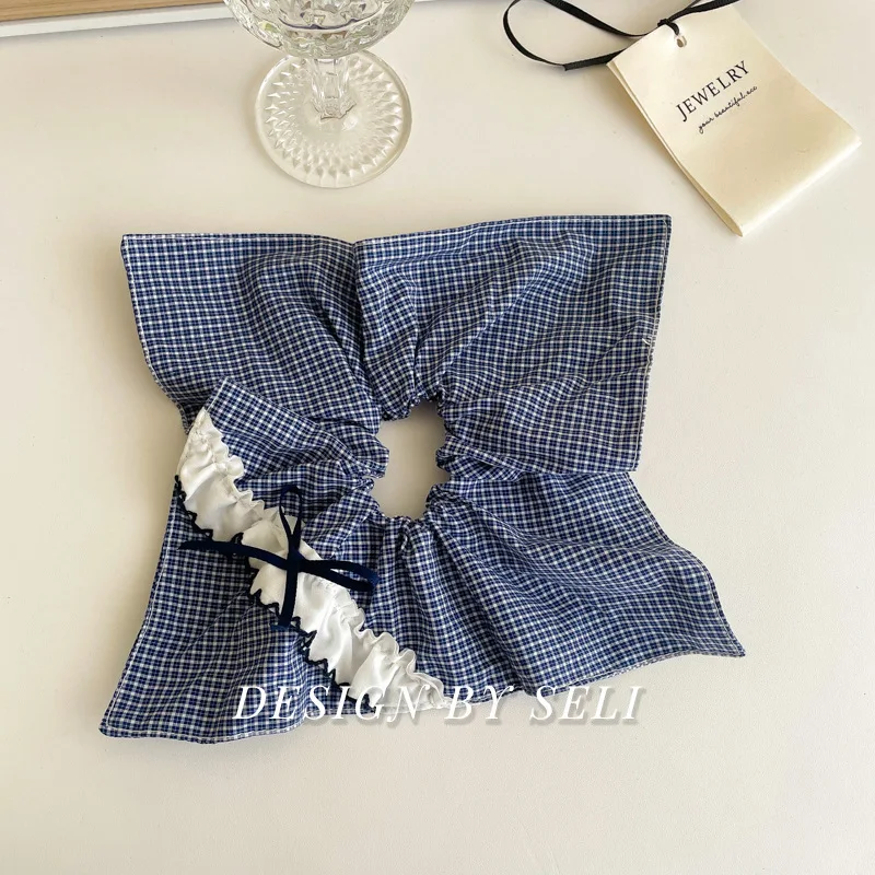 Collège bleu plaid dentelle gros intestin bandeau de cheveux arc bleu niche intestin anneau cheveux accessoires bandeau cravate cheveux élastique