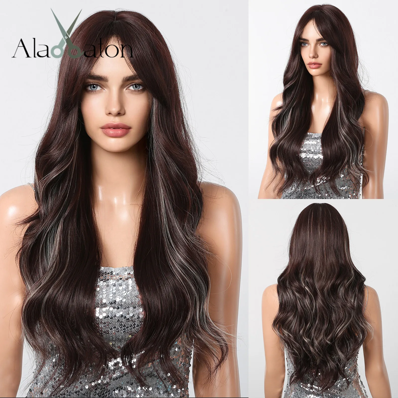 

ALAN EATON Dark Brown Highlight Water Wavy Wigs Synthetic Wig with Bangs for Women Natural Looking Hair Heat Resistant Fiber Wig