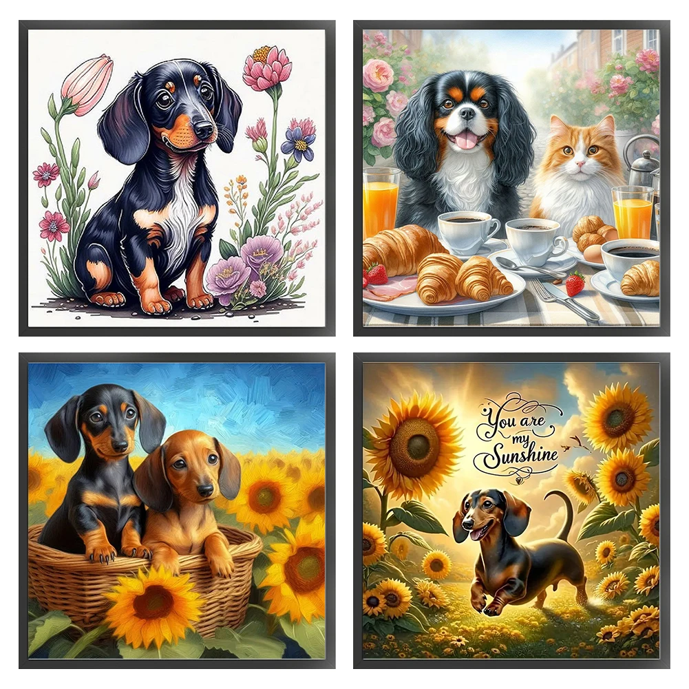 

4pcs Dachshund Printed Cross Stitch Kit 40x40cm DIY 11CT Thread Art Needlework