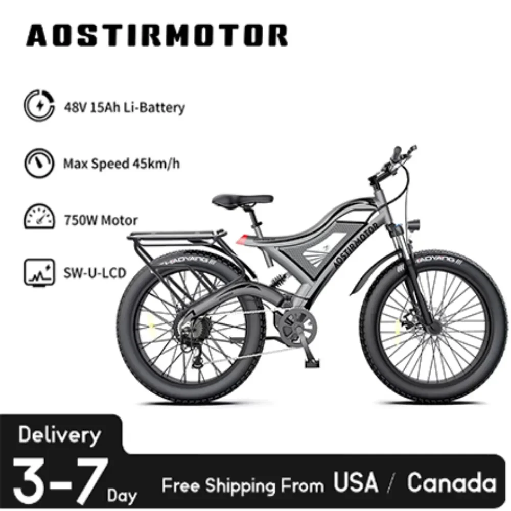 AOSTIRMOTOR-Electric Mountain Bike, 750W, S18, 48V, 15Ah, Ebike, 26Inch, 4.0 Fat Tire Bicycle, Beach Cycling for Adults