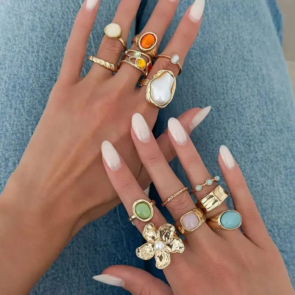 Salircon 13 Pcs/Set Creative Stylish Imitation Pearl Drill Metal Ring for Women Fashion Boho Stackable Open Ring Y2K Jewelry
