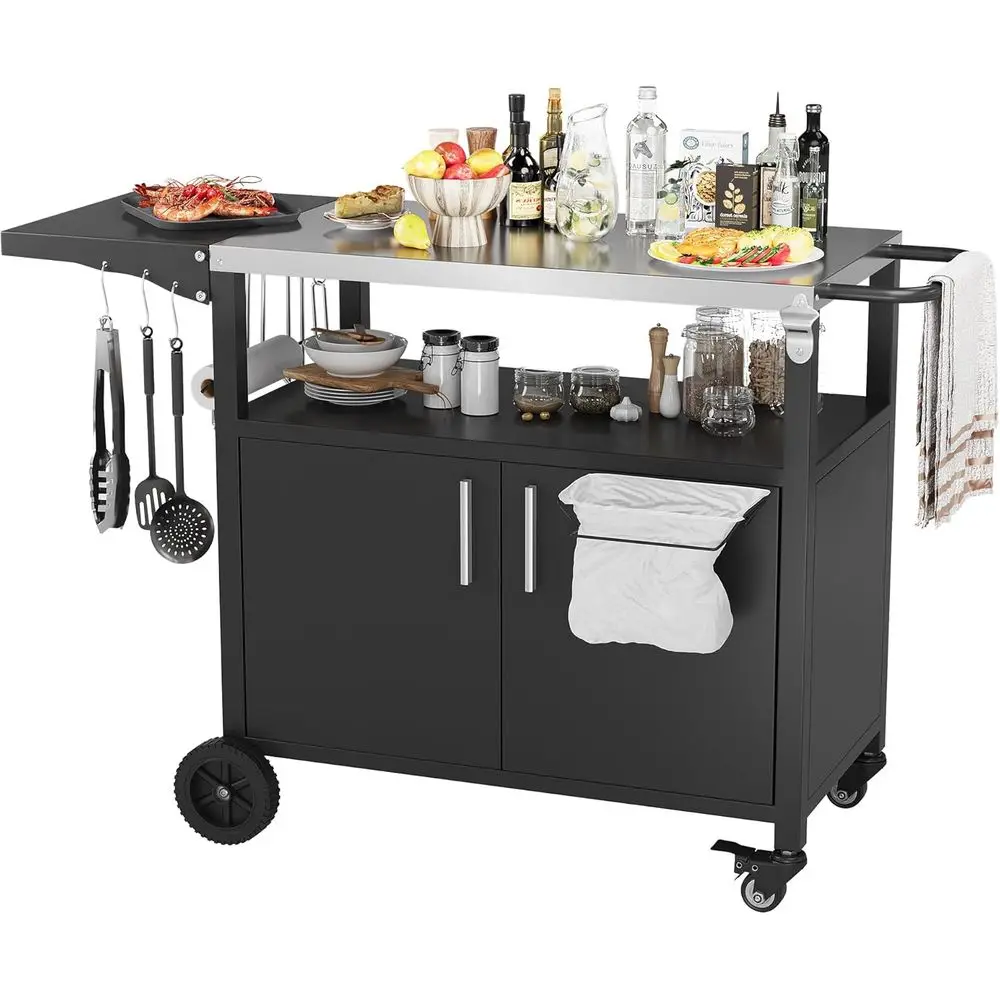 

Тележка для гриля с местом для хранения, уличная тележка для барного бара, подвижная подставка для духовки для пиццы для барбекю со складной столешницей и местом для хранения из нержавеющей стали