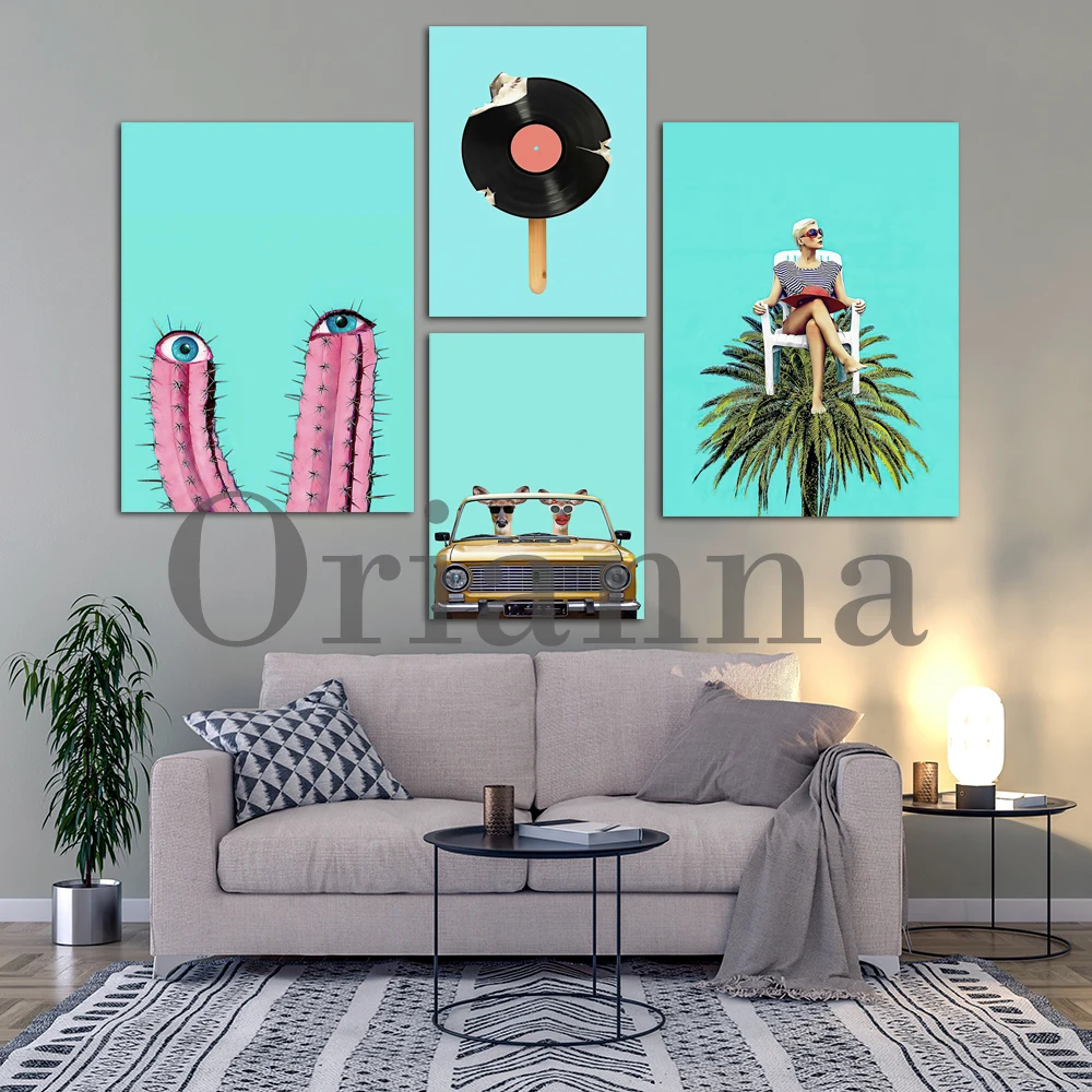 Summer Beach Coconut Chair Woman Cactus Record Ice Cream Umbrella Kangaroo Station Wagon Wall Art Prints Poster Decor Painting