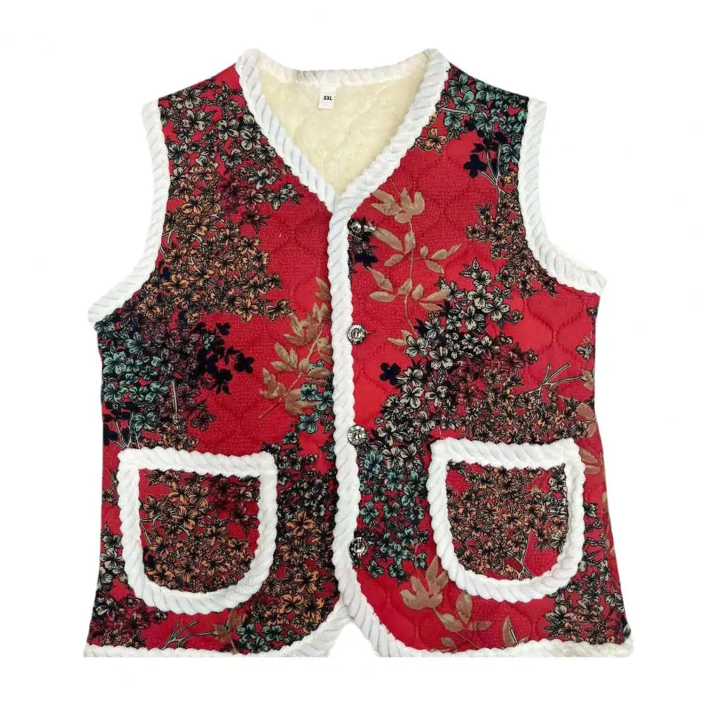 

Women Warm Jacket Stylish Mid-aged Mother Waistcoat V Neck Cardigan with Flower Print Thick Plush Pockets for Fall/winter Soft