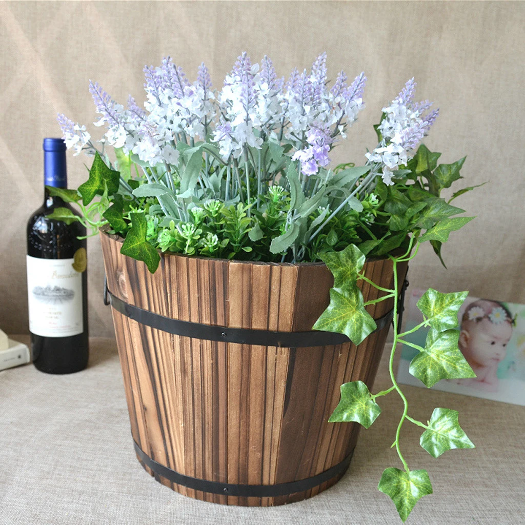 Set Of 2 Rustic Wood Bucket Barrel Whiskey Flower Garden Decoration Planters Pot with Handle for Home flower pot