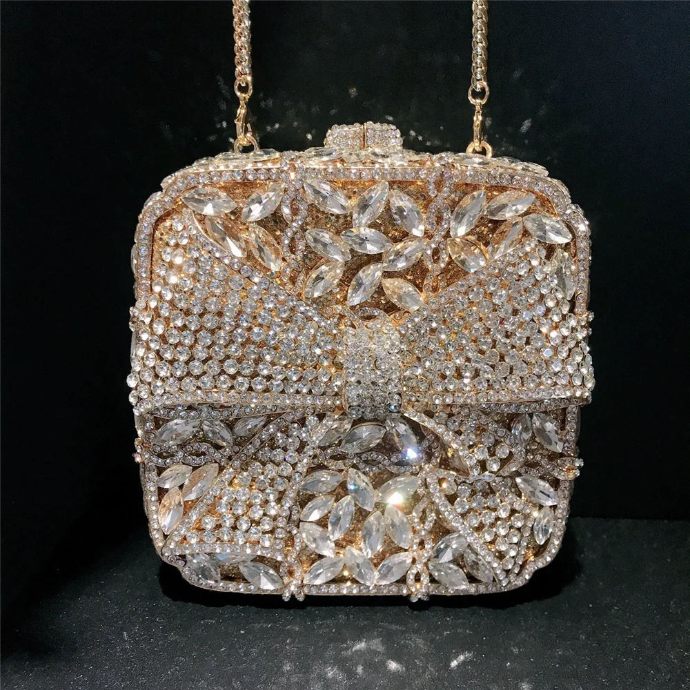 

Handbag summer new hollow bow rhinestone chain hand-held one-shoulder dinner bag full diamond banquet dress metal women's bag