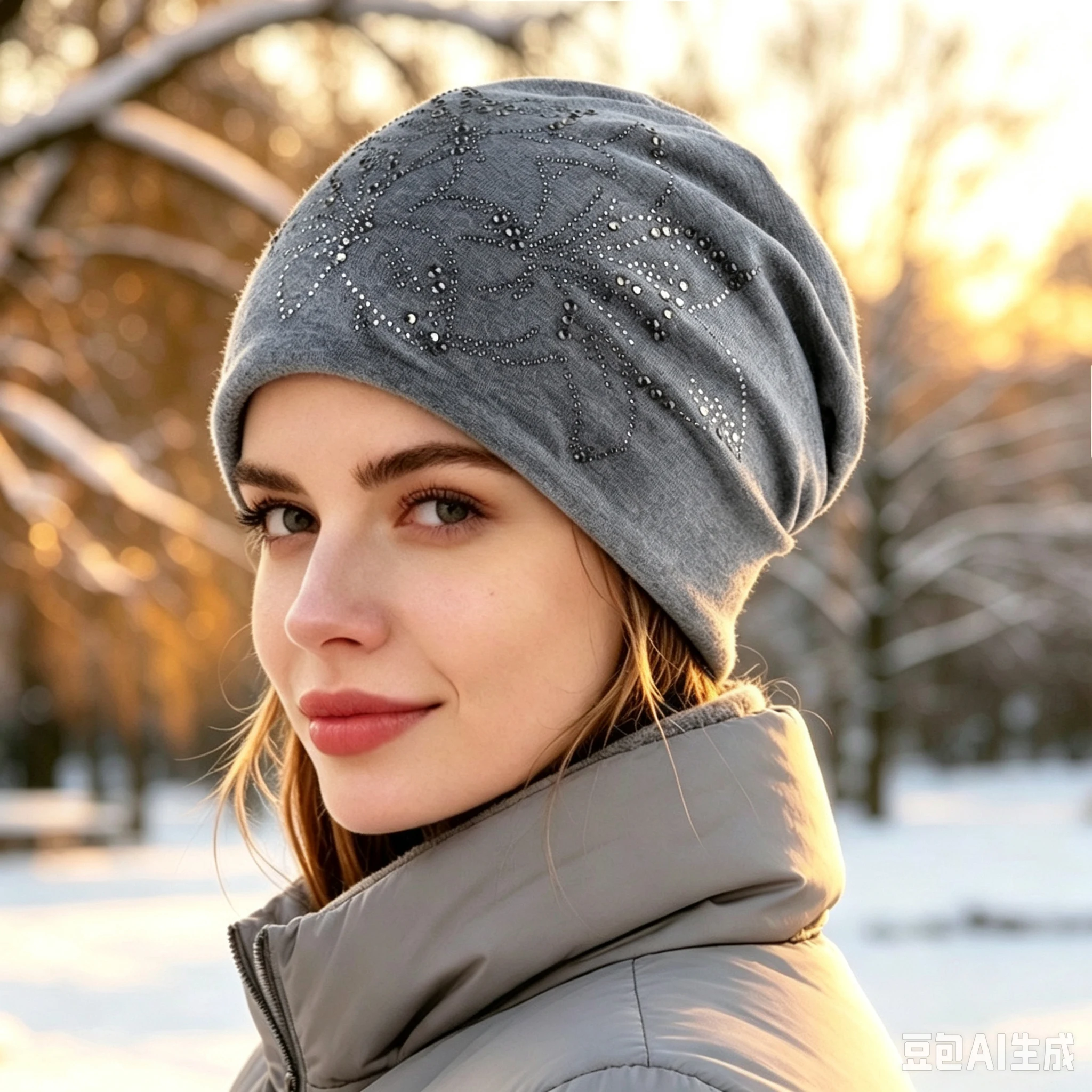 Women Slouchy Beanie Shiny With Rhinestone Flower Fleece Lined Warm Winter Casual Ski Skull Hat Soft Elastic Stretchy Fit Daily