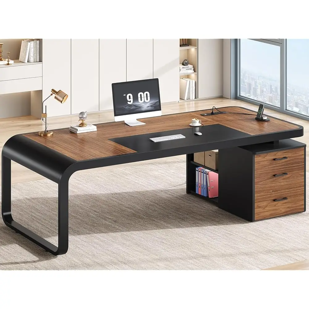 

70.9"" Executive Desk, Large Computer Desk With Drawers And Lateral File Cabinet, Office Desk With Removable Shelves, Busin