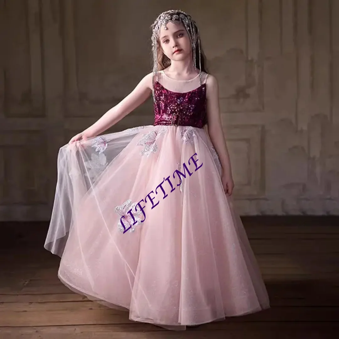 تخصيص أنيقة الدانتيل الوردي زهرة فتاة اللباس الأطفال كريستال للأطفال الأميرة الزفاف مسابقة عيد ميلاد حزب الحفلة الراقصة #4