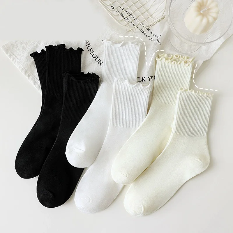 Harajuku Ruffle Socks Women Girls Sweet Cotton Middle Tube Black White Socks Jk Lolita Soft Breathable Ankle Loose Short Sock