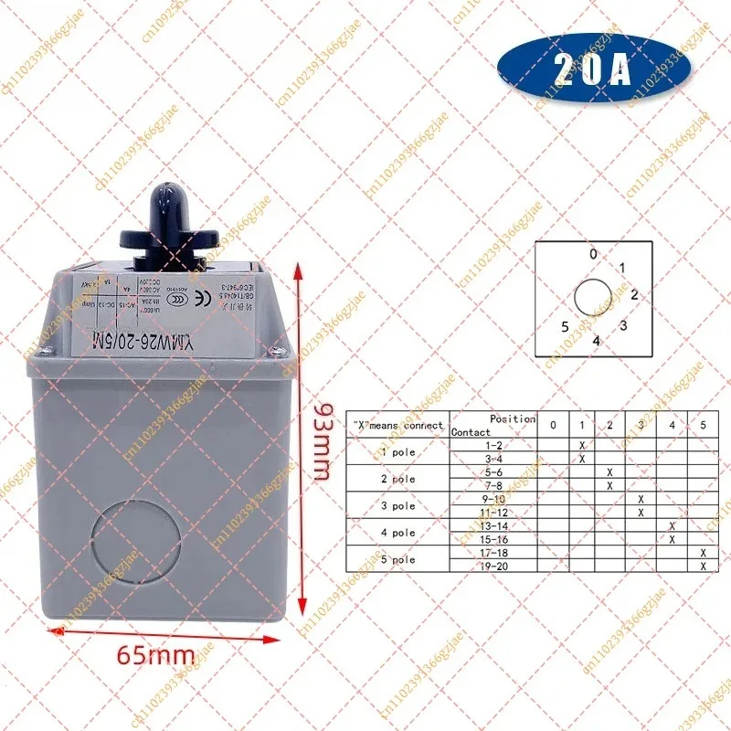 LW26 YMW26-20/5M Rotary Cam Switch 20A 5 Layers Power Control with Waterproof Box, Universal Transfer Replacement Part