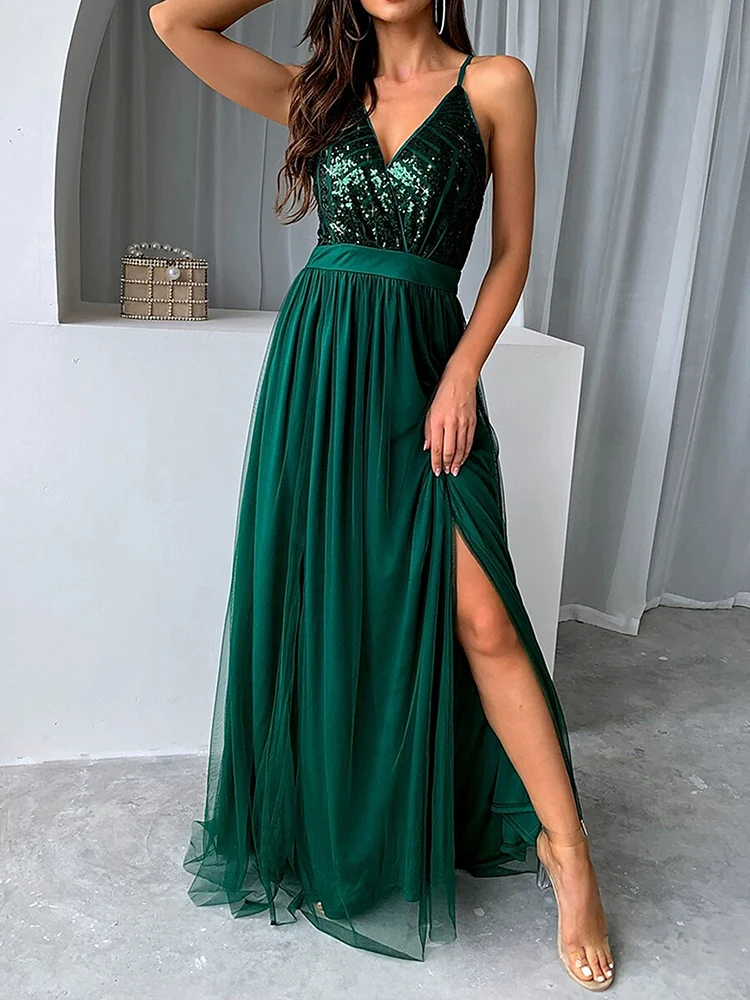 Fashion Split Splicing Slim Long Dress Elegant Wrap Hip V-neck Suspender Dress Women's Sexy Sleeveless Hight Waist Green Dress