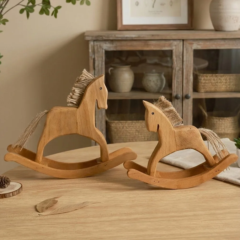 

Funny Handmade Rocking Horse Ornaments Hand Carved Retro Style Wood Carving Horse Decorative Lifelike Animal Sculpture Bedroom