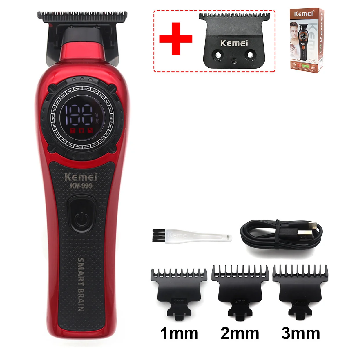 Kemei KM-999 Haarschneider für Männer, DLC T-Blade Zero Gapped LED-Anzeige, kabellose USB-Profi-Haarschneidemaschine, Finishing-Maschine