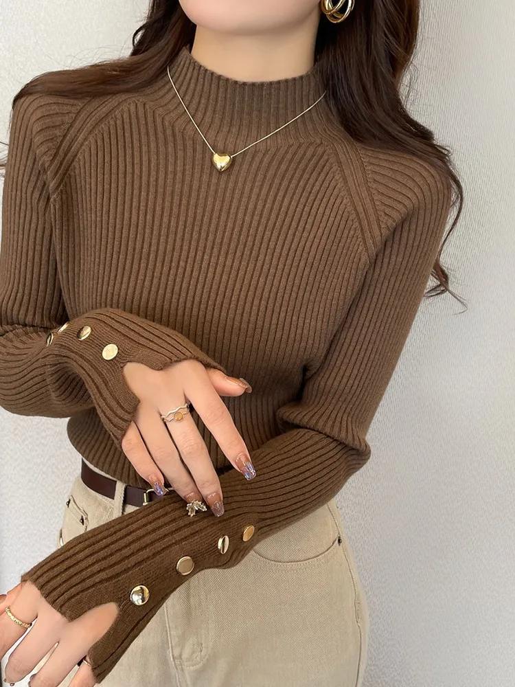 

Autumn Winter Sweater Women Pullovers Long Sleeve Tops Clothes Slim Knit Soft Jumper Streetwear Button Turtleneck Sweater