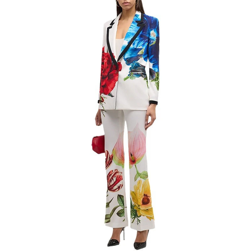 

2024FW New women's lapel digital PrintedCasualSuit Trousers suit y2k high qualityFashionableCasual floralPrinted Flared trousers