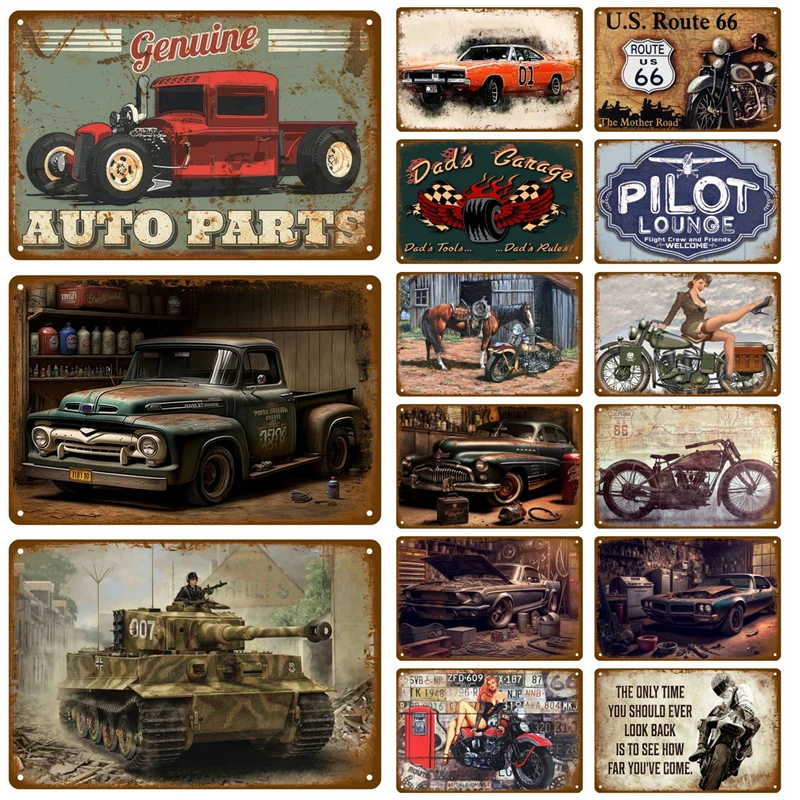 Letrero Metálico HD Vintage de Autos y Motocicletas, Decoración de Pared - Póster Metálico Retro Clásico de Autos para Garaje, Ruta 66, para Cuarto de Hombre o Taller