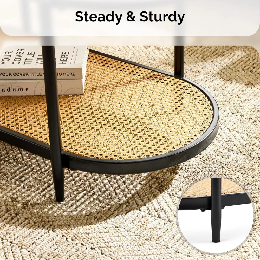 38" Oval Coffee Table with Rattan Shelf, Glass Metal Coffe Table, Skinny Coffee Tables with 2-Tier Storage, Modern Center Table