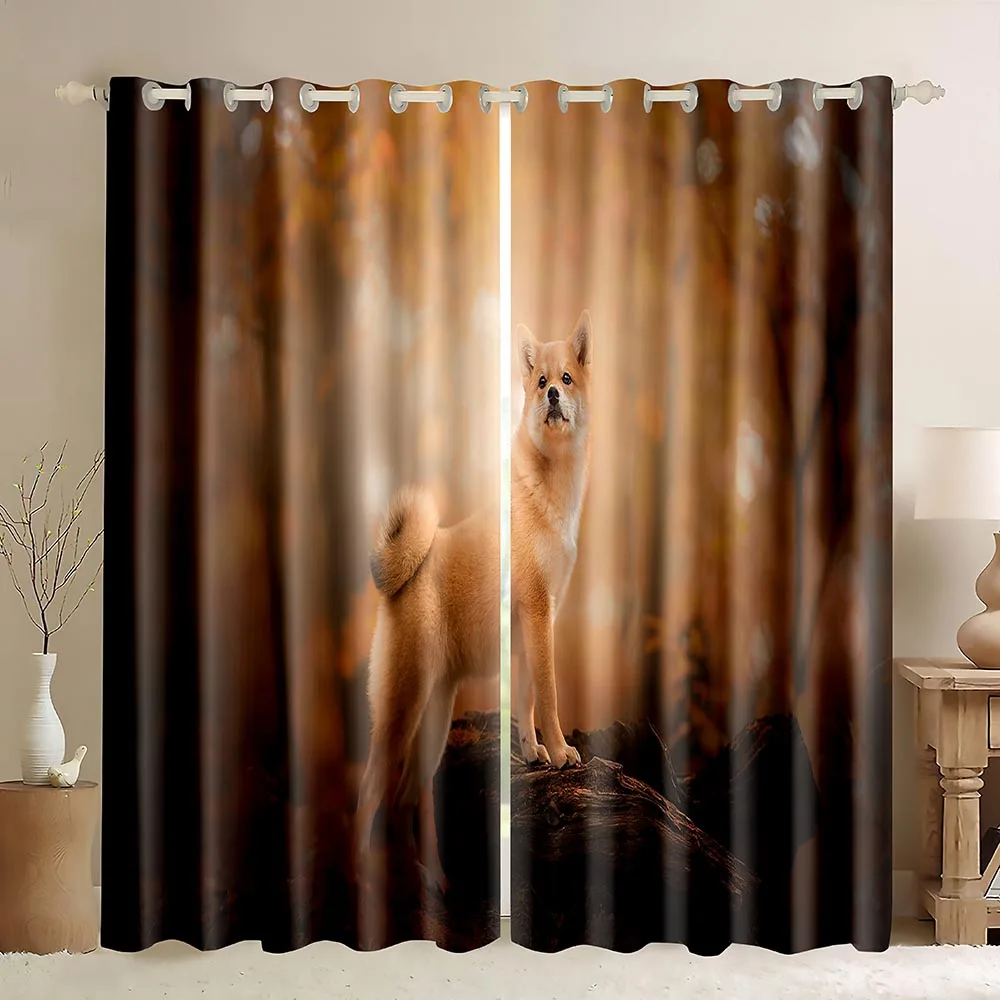 Japanese Shiba Inu Window Curtains Cute Dog Under Cherry Blossoms Tree Lovely Family Pet Puppy Animal Theme Blackout Curtains