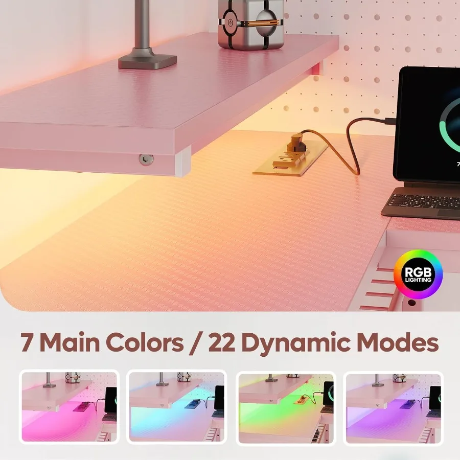 مكتب كمبيوتر وردي مع منافذ طاقة مدمجة و42 مصباح LED للألعاب والدراسة بتصميم مدمج على شكل حرف L مع Sto ذو وجهين