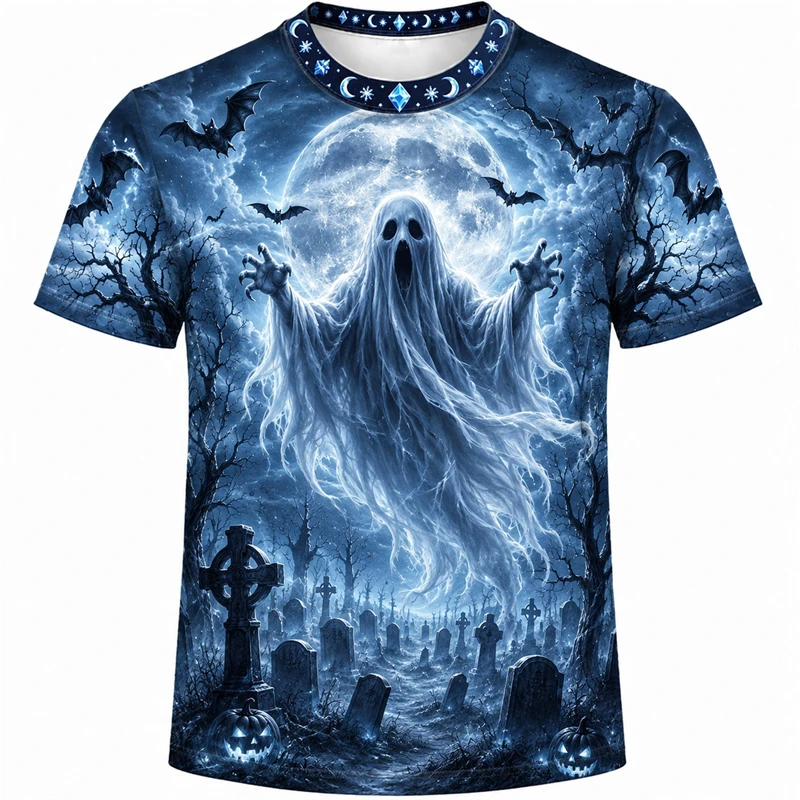 Horror Halloween 3D Printed T‑Shirt Witch Fire Skull Scary Pumpkin Graphic Short Sleeve Crew Neck Unisex Cosplay Party Tees Tops