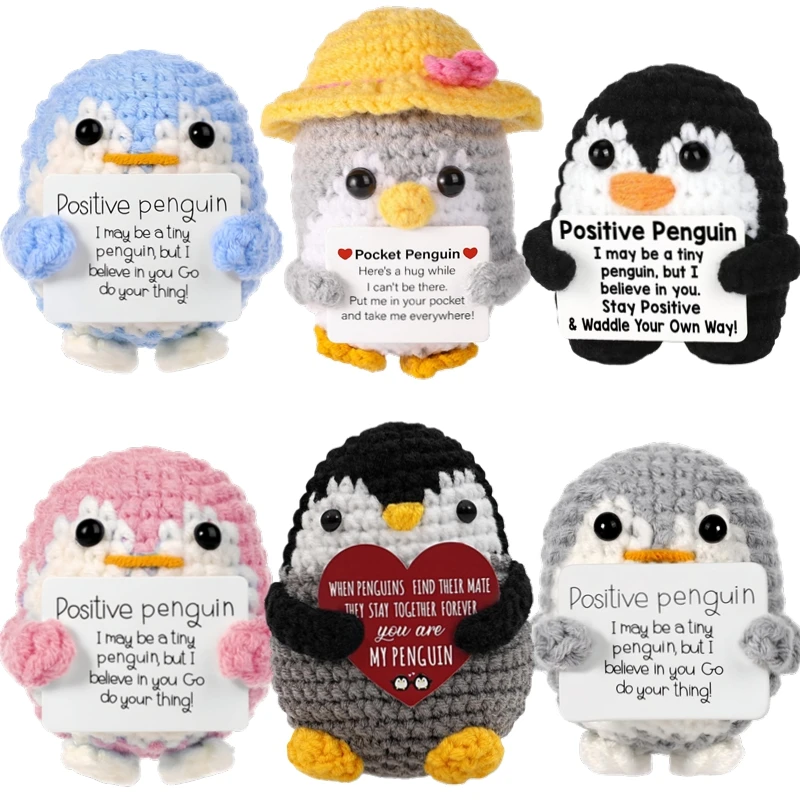 Funny Positive Energy Handmade Crochet Penguin Doll with Card Emotional Support Office Desktop Ornament Gifts Home Room Decor