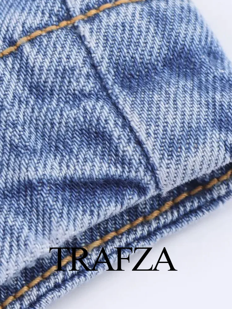 

TRAFZA Women Solid Fashion Pants Suit Single-Breasted Lapel Long Sleeve Denim Coat+Drawstring Pockets Straight Long Jeans