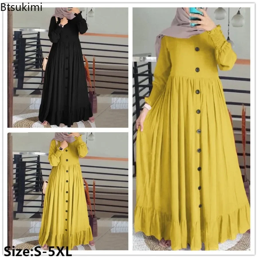 Yeni Kadın Müslüman Uzun Elbiseler Moda Vintage Petal Kollu Fırfır Etek Sundress Kadın Rahat Pamuk Keten Maxi Elbise Müslüman Elbise