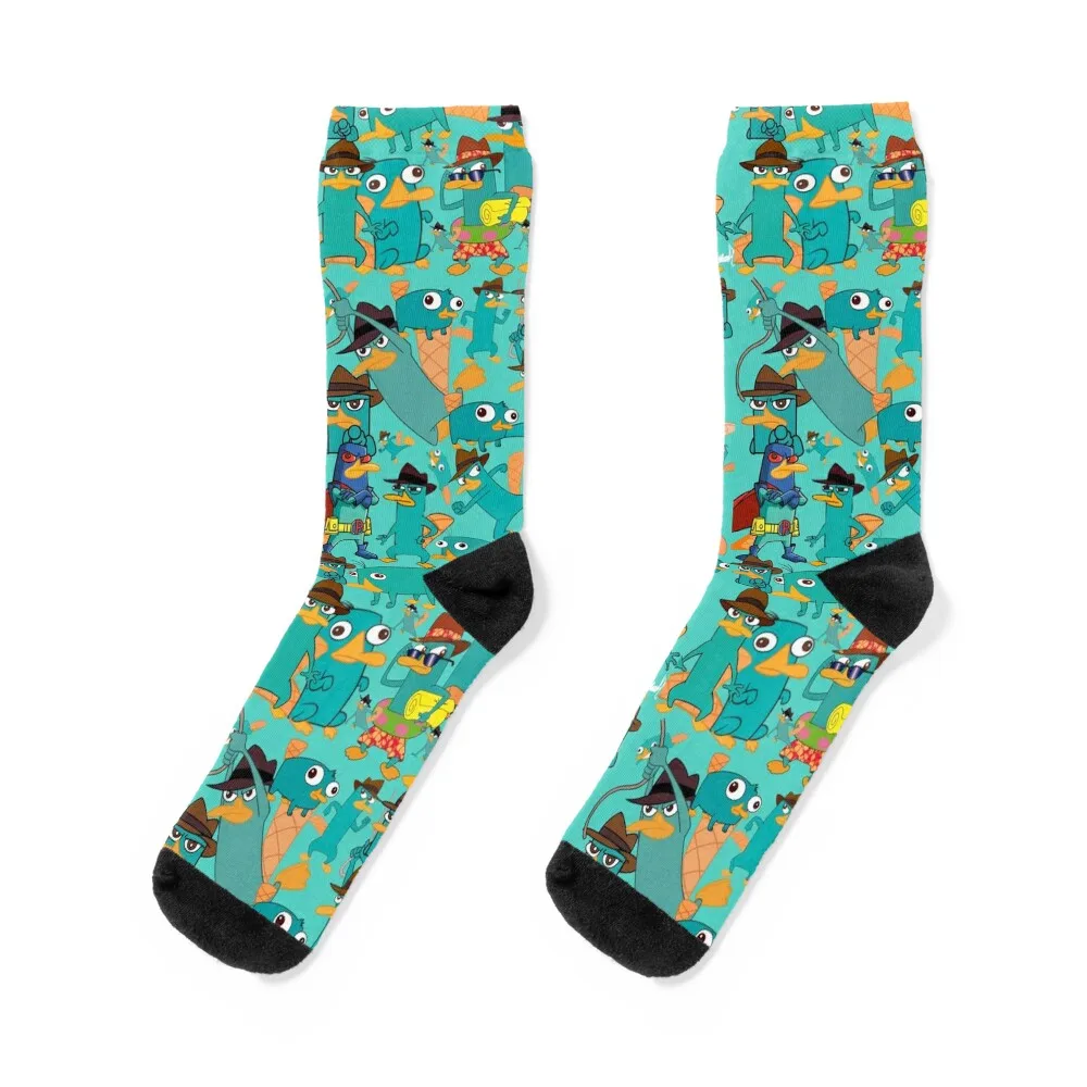 Perry the Platypus Phineas and Ferb Collage Pattern Design - Aquamarine Background Socks crazy New year's Socks Woman Men's