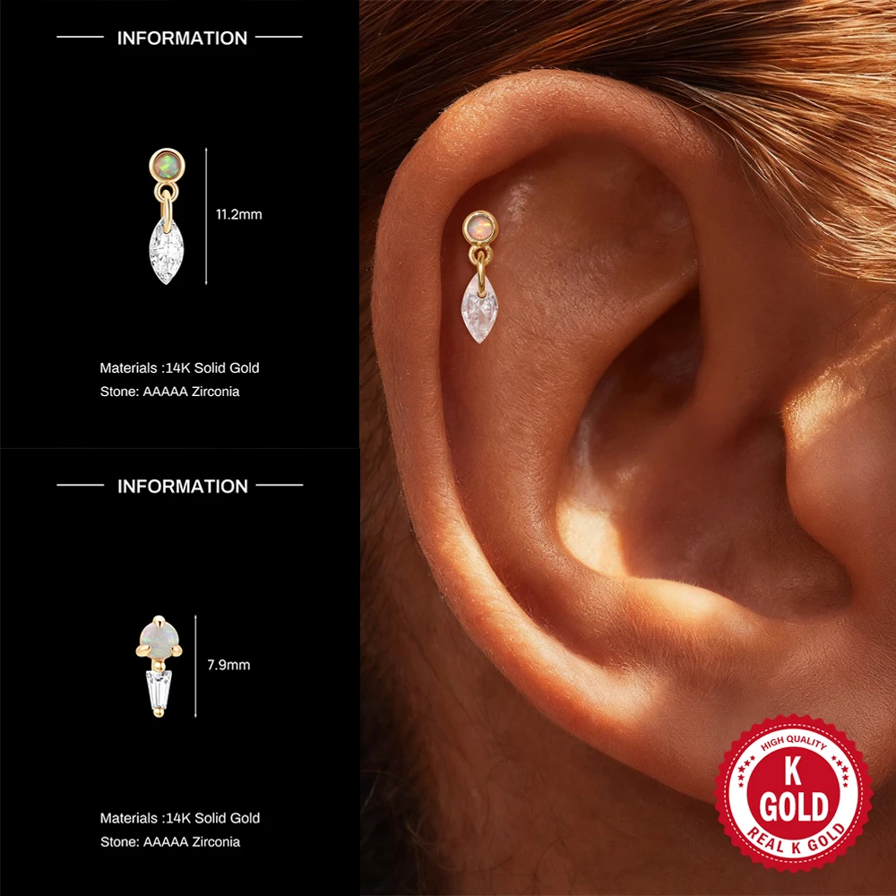 CANNER 1PC Real 14K Pure Gold  Natural Opal Stud Earring for Women Flat Back Threaded Piercing Ear Engaged/Wedding Jewelry Gift