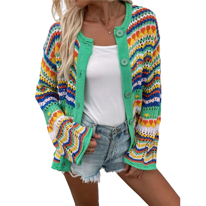 

TKOH-Женский разноцветный полосатый вязаный крючком кардиган с круглым вырезом и расклешенными рукавами на пуговицах Y2K свитер пальто