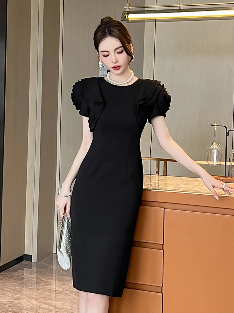 Elegant Fashion Black Dress Women Quality Chic Flower Sleeve Bodycon Midi Robe Female Party Prom Vestidos Street Work Clothes