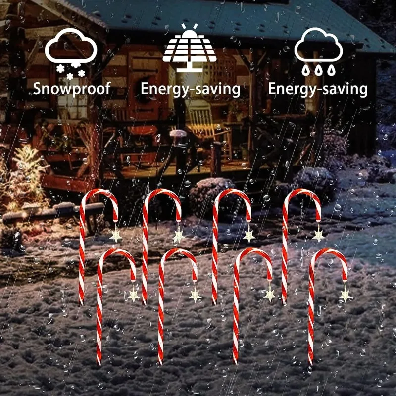 8PCS/Set Solar Candy Cane Path Lights 8 Lighting Modes Waterproof Outdoor Lawn Lamp Christmas Garden Landscape Yard Ground Light