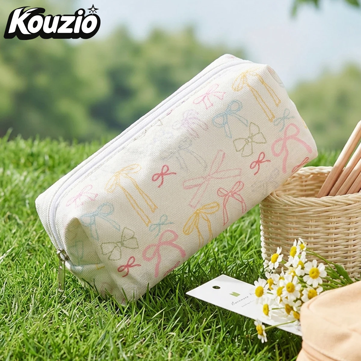 Colorful Bow Canvas Pencil Case, Rectangular Zipper Large Capacity Stationery Organizer, Cute School Supplies Storage Bag