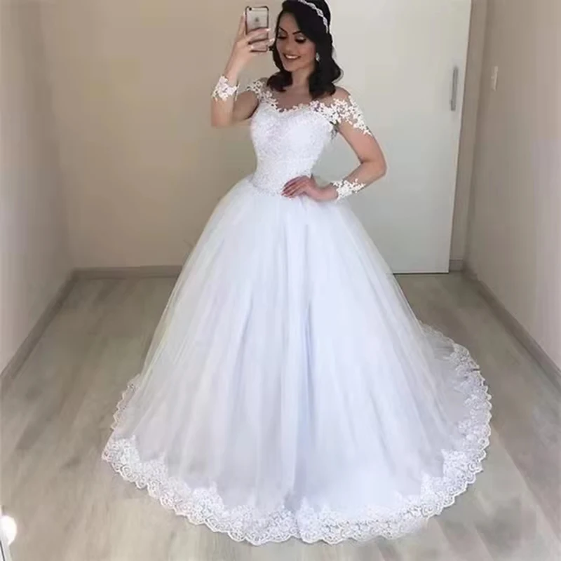 Angepasst Ballkleid Lange Ärmel Frauen Brautkleider Scoop Neck Applikationen Brautkleider Vestido De Noiva robe de mariée