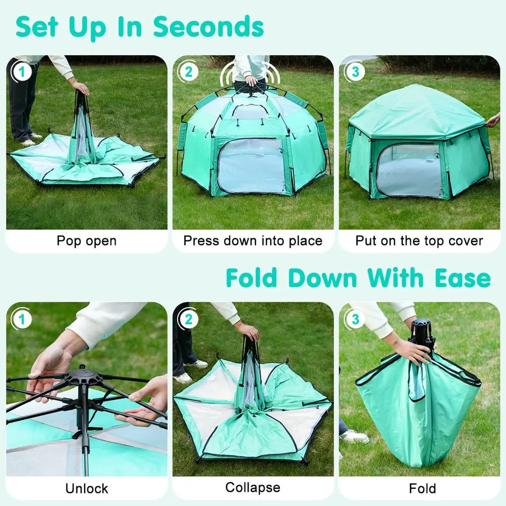 ساحة لعب محمولة للأطفال مع مظلات وأغطية للأشعة فوق البنفسجية، روضة أطفال خفيفة الوزن للسفر للاستخدام في الهواء الطلق والمنزل، أخضر نعناعي