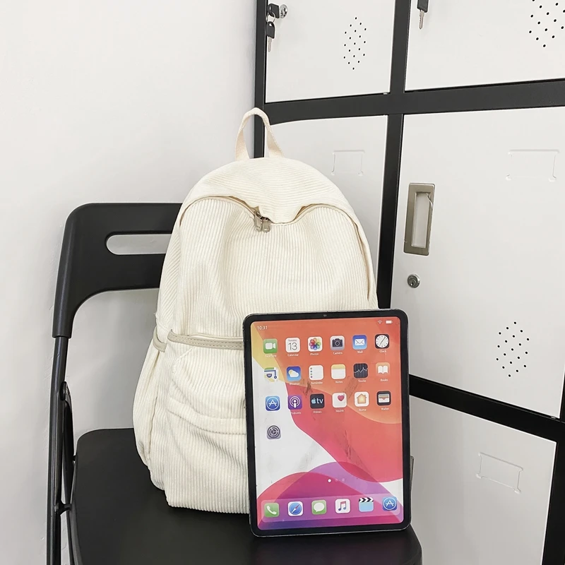 Fashion Female Men White Corduroy Travel Leisure Vintage School Bag Girl Boy Laptop Ladies Retro College Backpack Women Book Bag