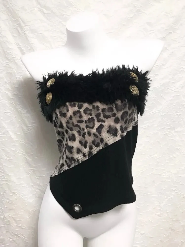 Japanese Sexy Leopard Vest Women Summer Y2K Subculture Hairy Patchwork Tank Slim Fit Streetwear Harajuku Vintage Hottie Tops New